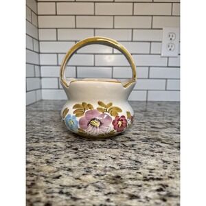 Vintage Hand Painted Floral Pottery Candy‎ Dish, Pot, Planter w/Handle ~ Italy